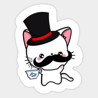 Sophisticated White Angora Cat Drinking Tea wearing a top hat Sticker